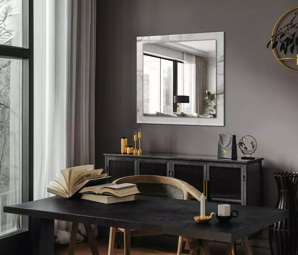 Specchio rettangolare con cornice stampata Motivo in marmo bianco