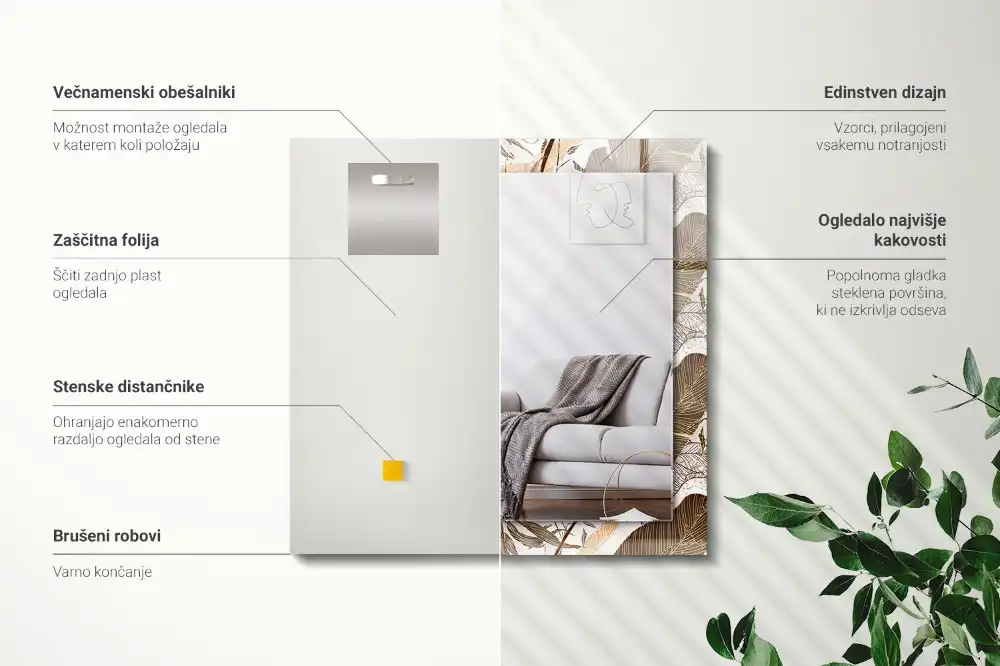 Specchio rettangolare stampato Foglie motivo tropicale