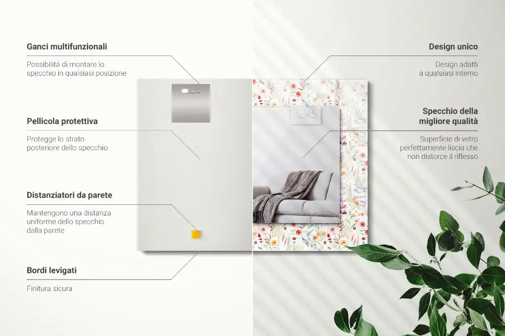 Specchio rettangolare con cornice stampata Motivo floreale ad acquerello