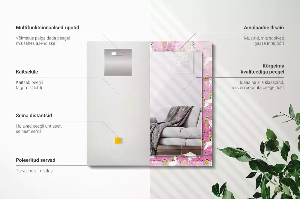 Specchio rettangolare con cornice stampata Unicorni arcobaleni cuori