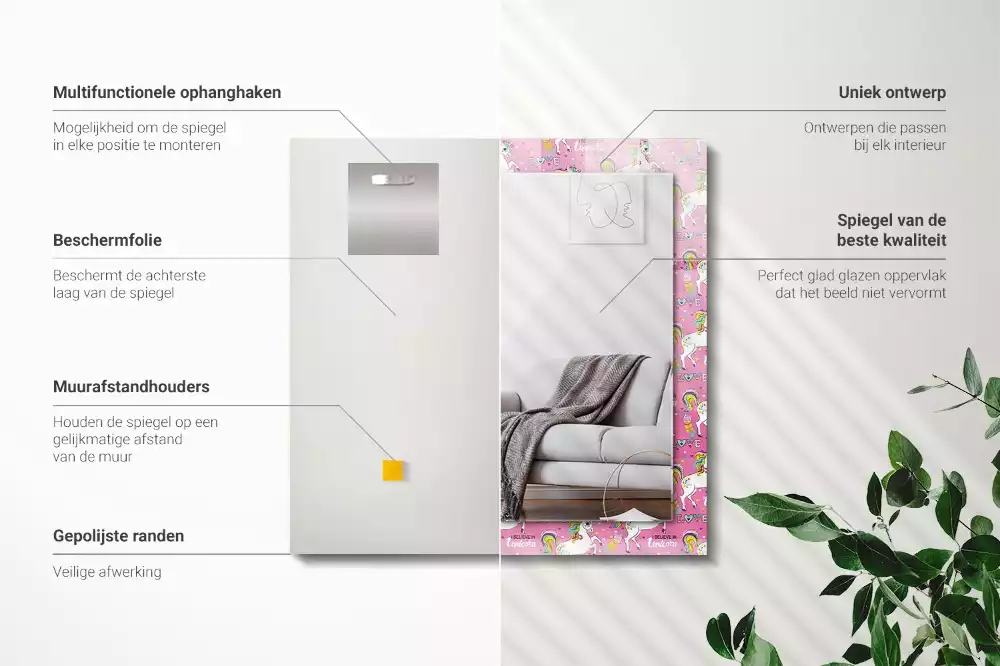 Specchio rettangolare con cornice stampata Unicorni arcobaleni cuori