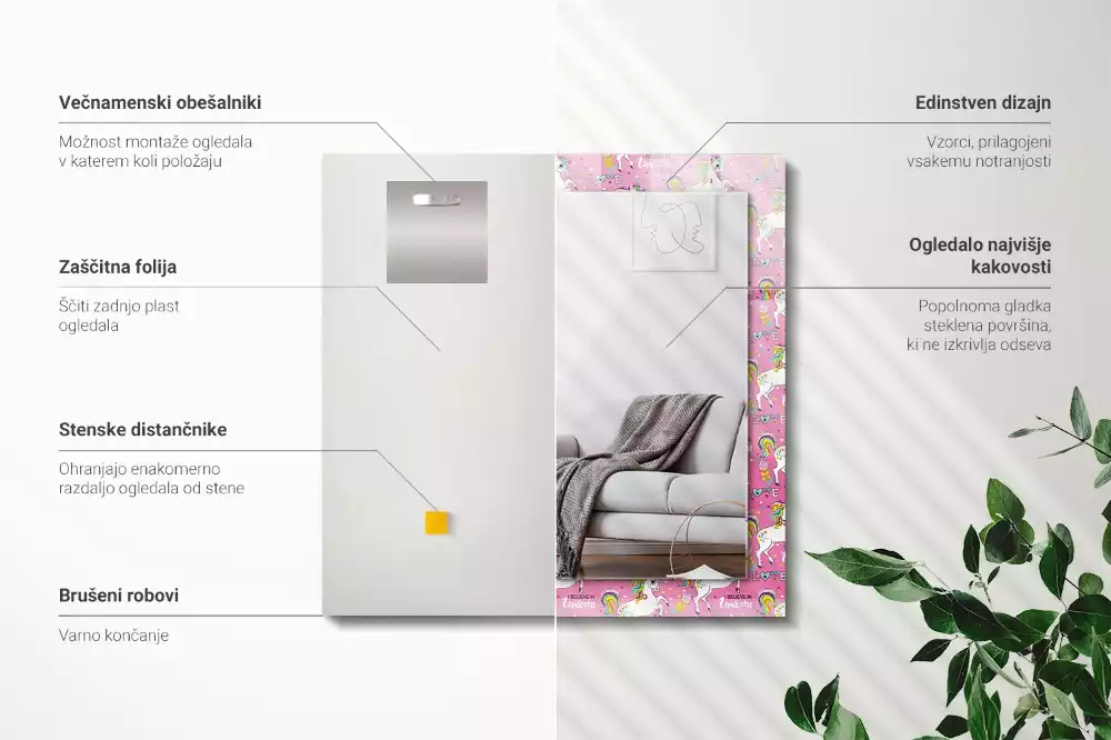 Specchio rettangolare con cornice stampata Unicorni arcobaleni cuori