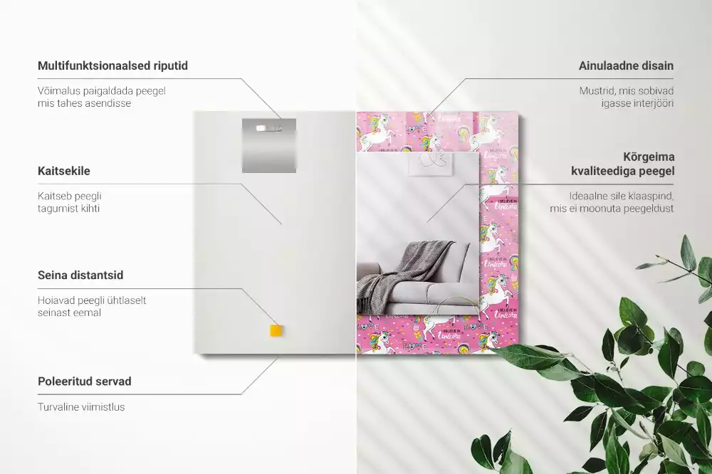 Specchio rettangolare con cornice stampata Unicorni arcobaleni cuori