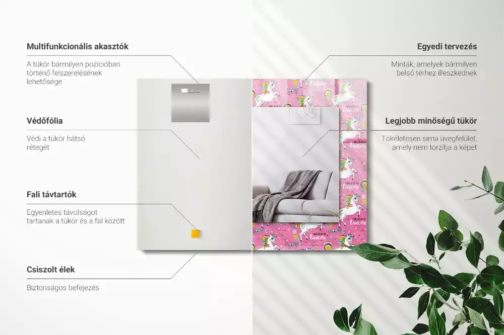 Specchio rettangolare con cornice stampata Unicorni arcobaleni cuori