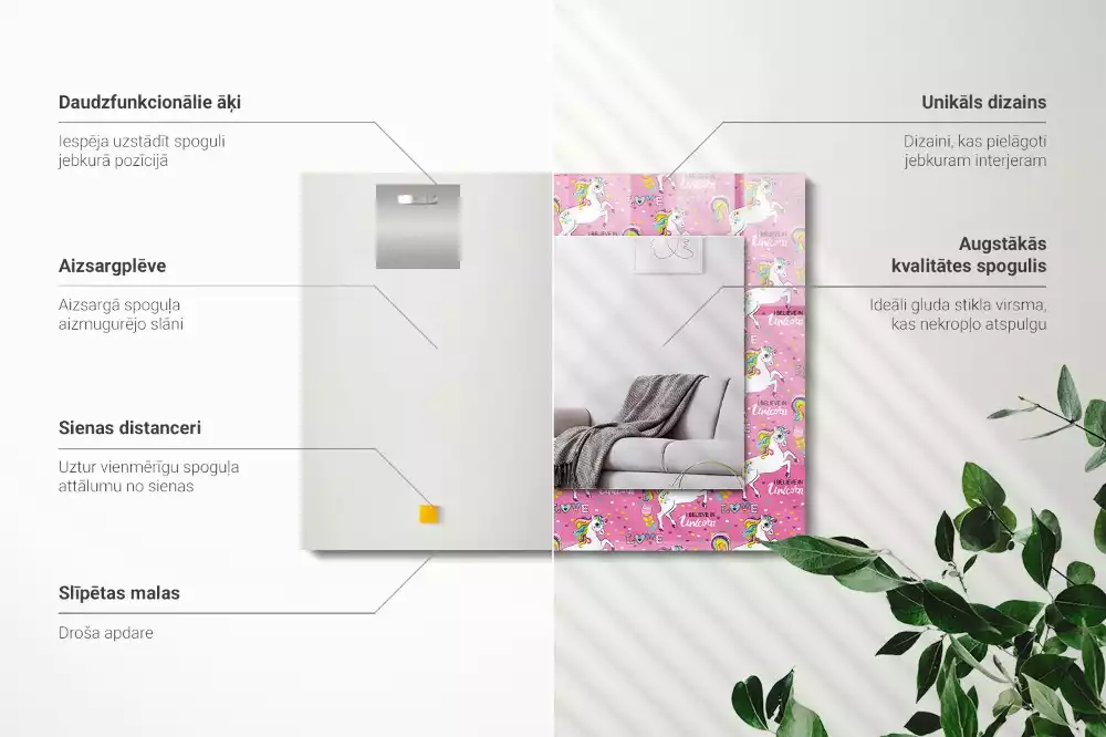 Specchio rettangolare con cornice stampata Unicorni arcobaleni cuori