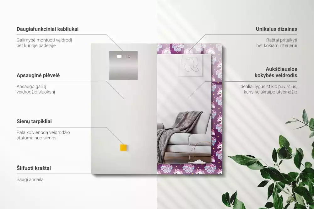 Specchio rettangolare stampato Lettering di stelle di unicorni