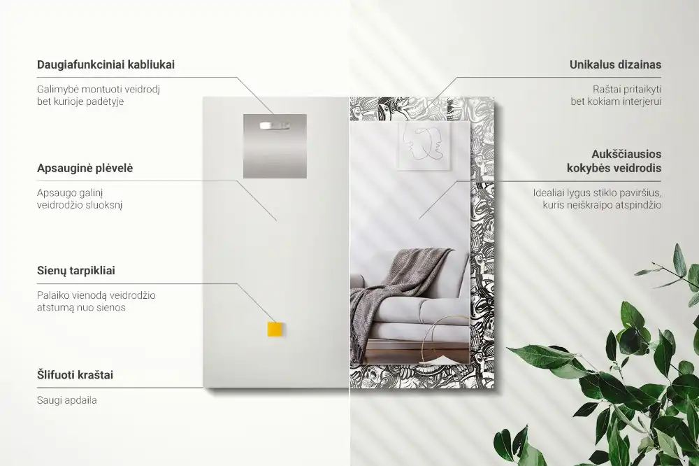 Specchio rettangolare con cornice stampata Motivi in bianco e nero