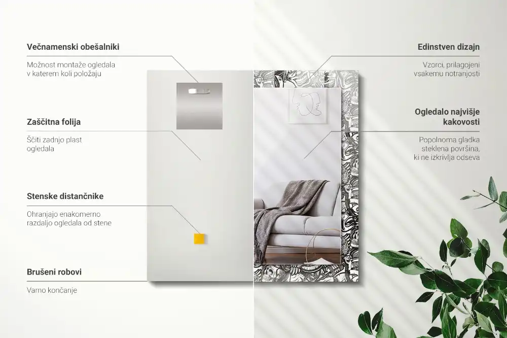 Specchio rettangolare con cornice stampata Motivi in bianco e nero