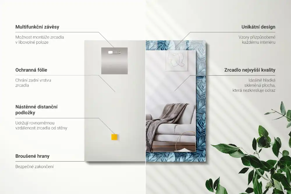 Specchio rettangolare stampato Motivo a foglie blu