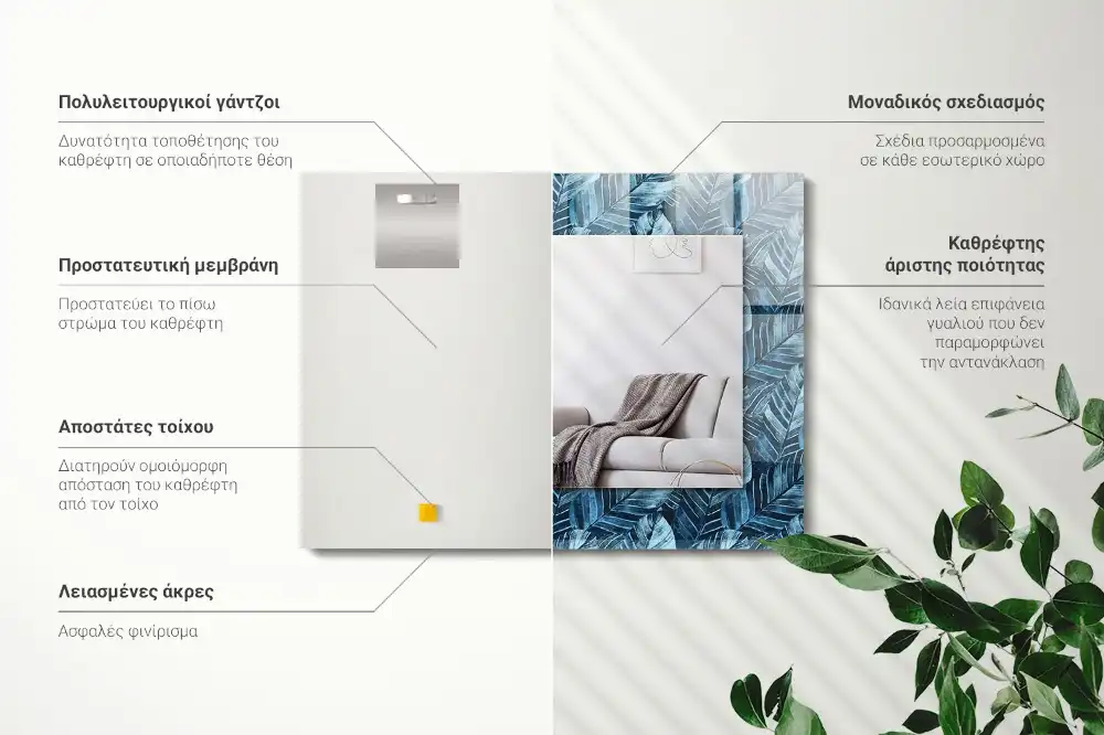 Specchio rettangolare stampato Motivo a foglie blu