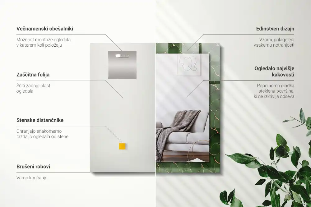 Specchio rettangolare con cornice stampata Motivo a foglie verdi