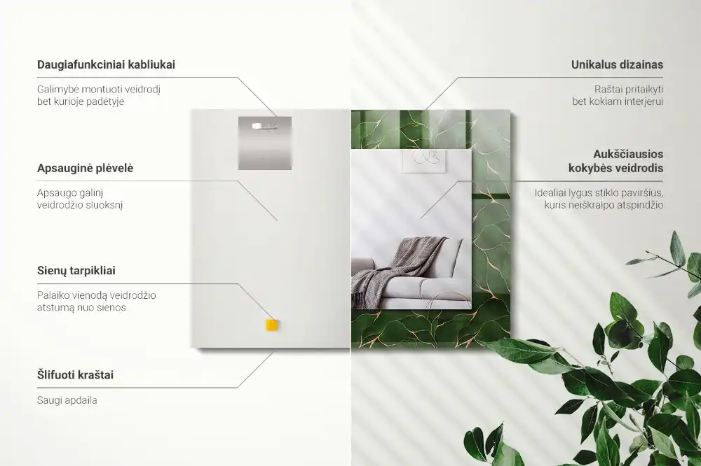 Specchio rettangolare con cornice stampata Motivo a foglie verdi