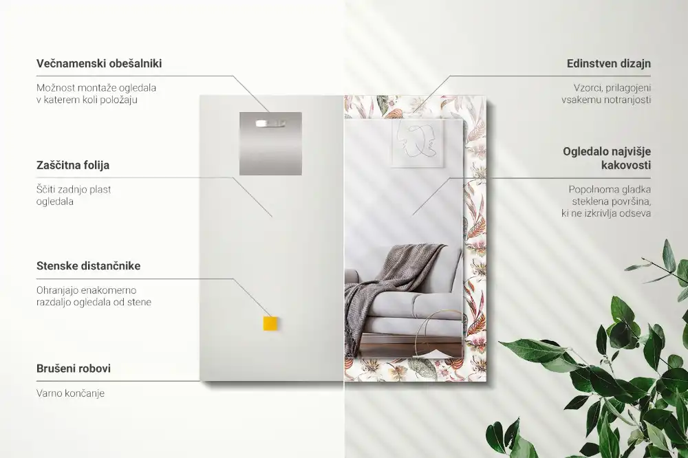 Specchio rettangolare stampato Fiori e foglie