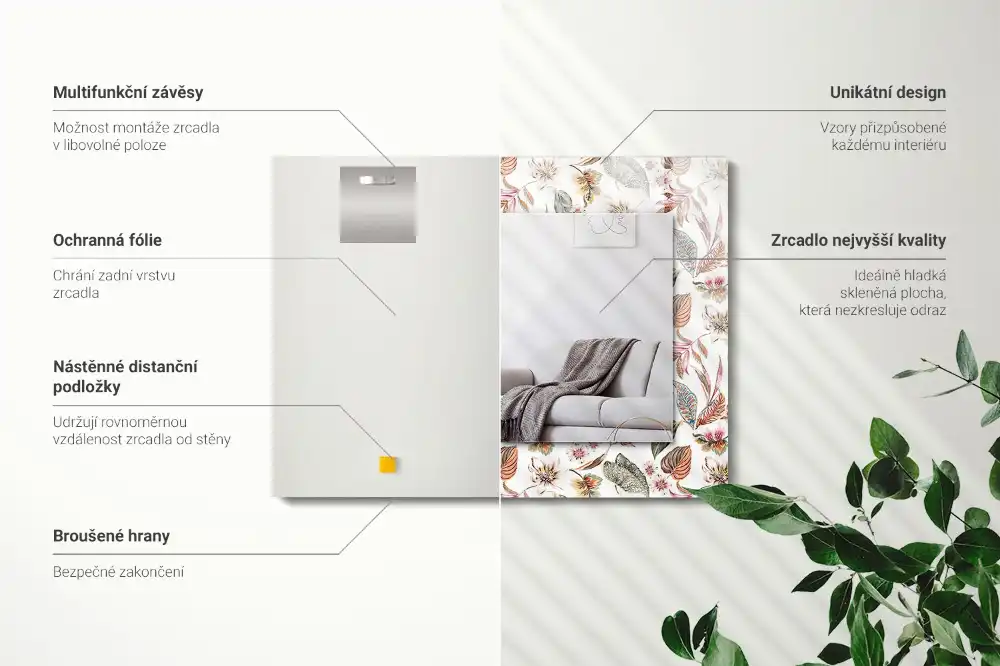 Specchio rettangolare stampato Fiori e foglie