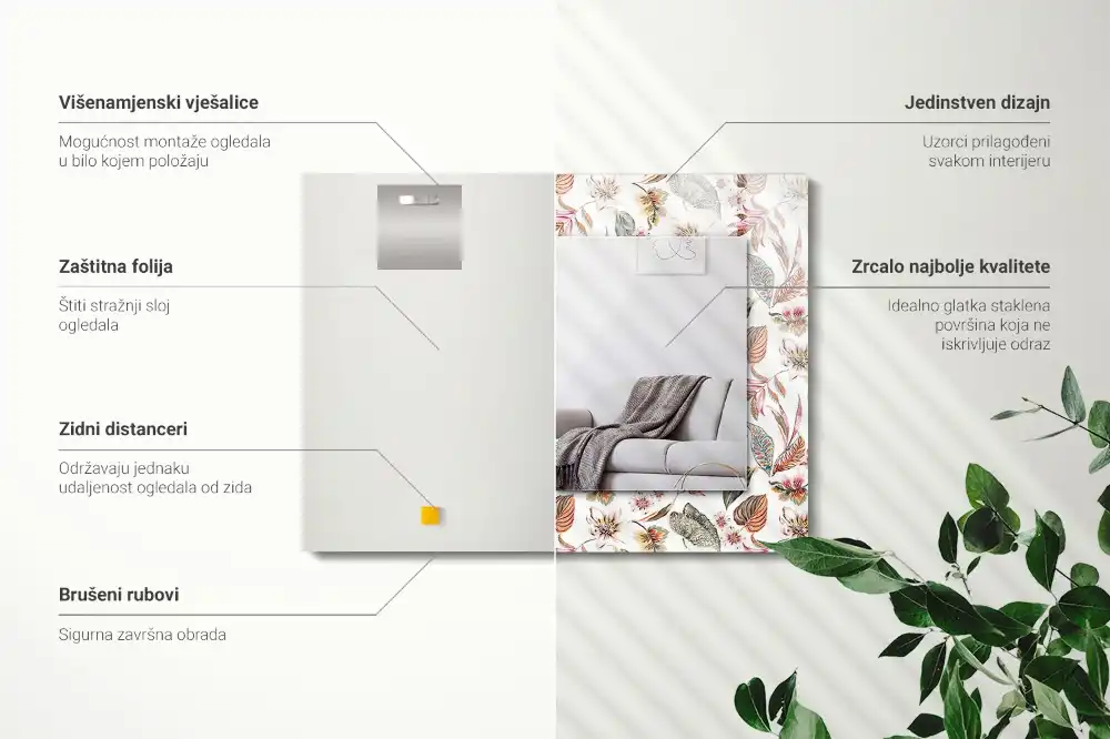 Specchio rettangolare stampato Fiori e foglie