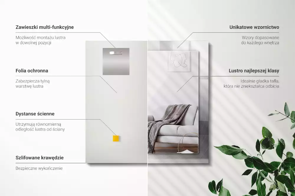 Specchio rettangolare con cornice stampata Superficie metallica rotonda