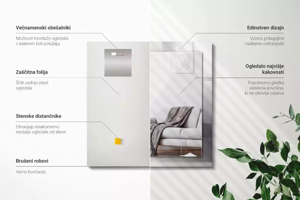 Specchio rettangolare con cornice stampata Superficie metallica rotonda