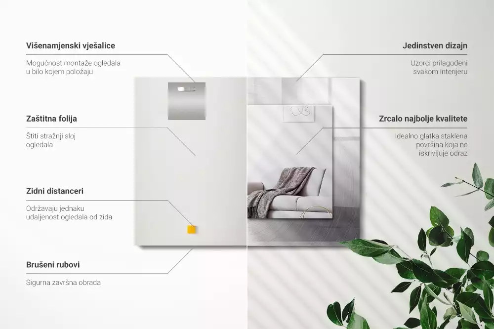 Specchio rettangolare con cornice stampata Superficie metallica rotonda