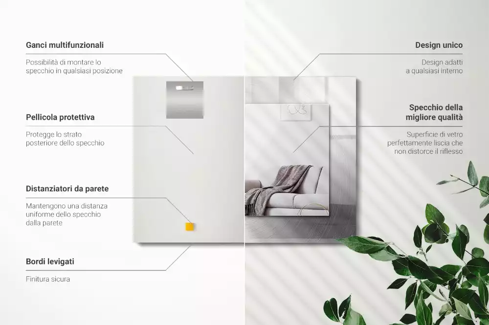 Specchio rettangolare con cornice stampata Superficie metallica rotonda