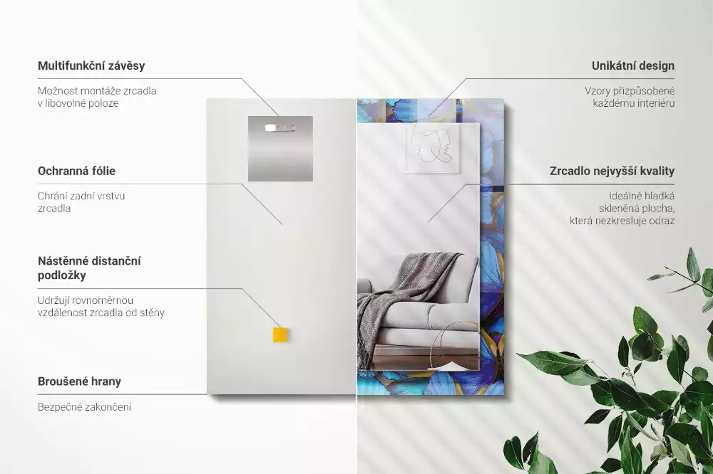 Specchio rettangolare stampato Farfalle blu e verdi