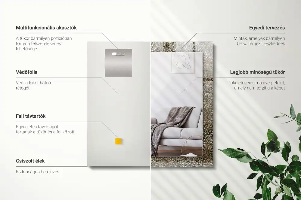 Specchio rettangolare con cornice stampata Motivo ornamentale in oro