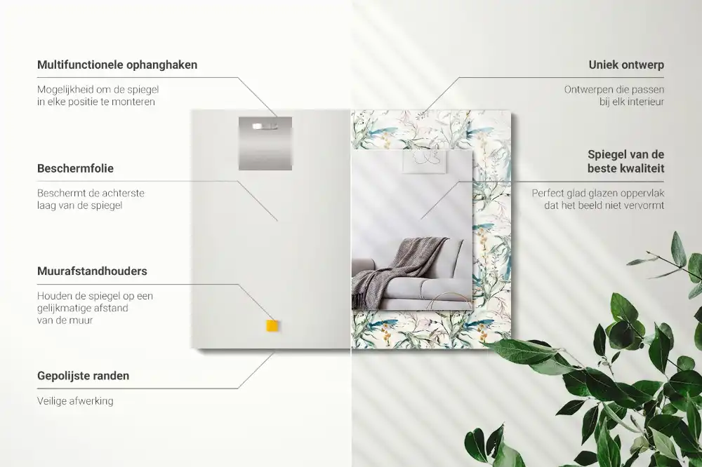 Specchio rettangolare con cornice stampata Motivo floreale ad acquerello