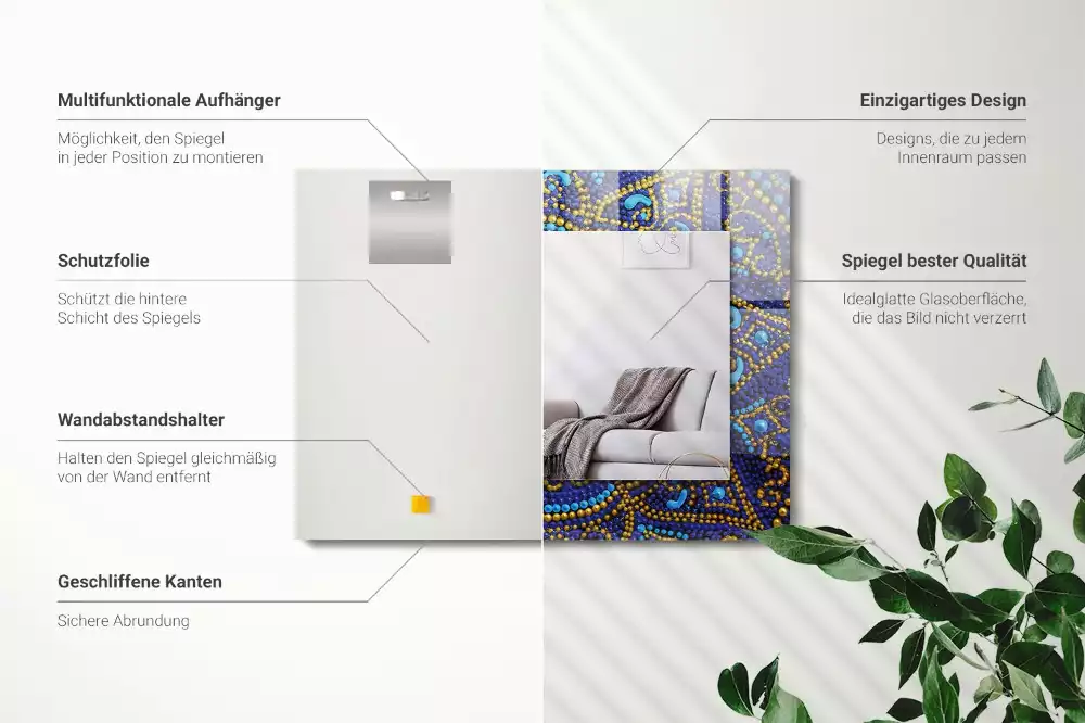 Specchio rettangolare stampato Mandala a pois blu