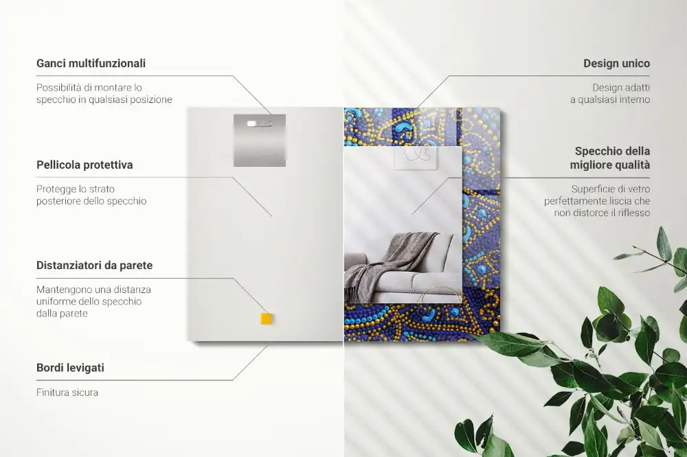 Specchio rettangolare stampato Mandala a pois blu