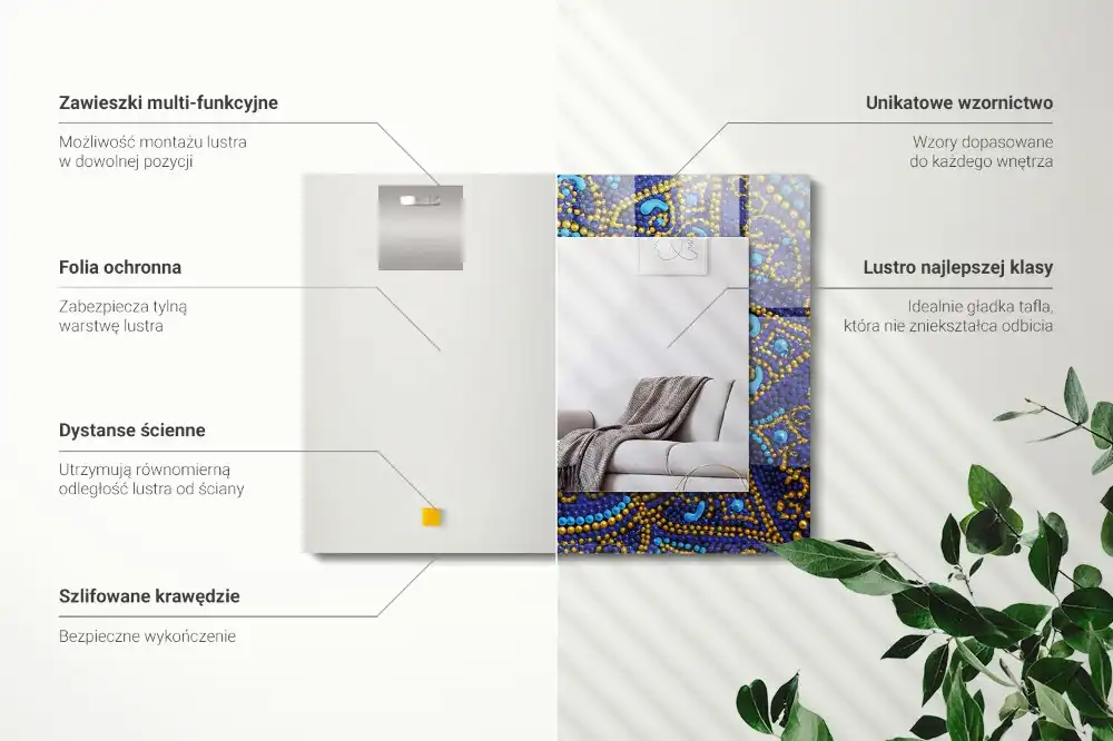 Specchio rettangolare stampato Mandala a pois blu