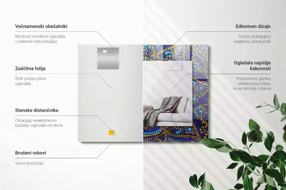 Specchio rettangolare stampato Mandala a pois blu