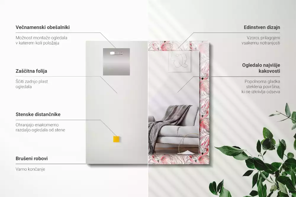 Specchio rettangolare decoro fenicotteri rosa