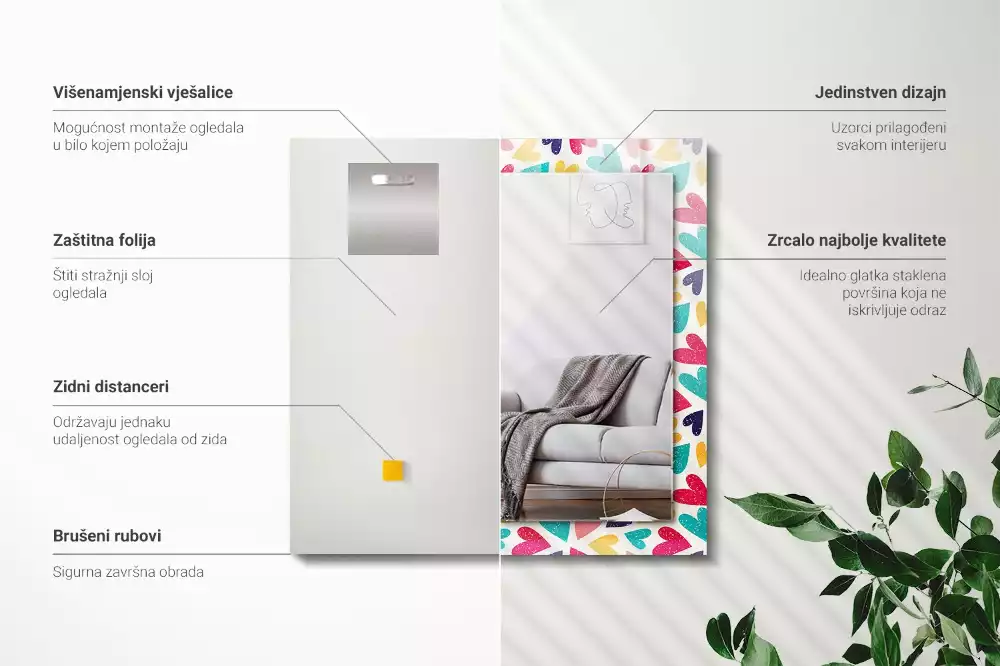 Specchio rettangolare stampato Motivo a cuori colorati