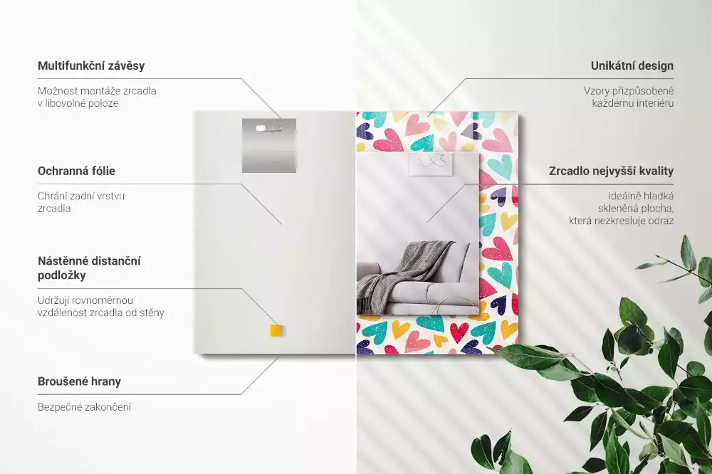 Specchio rettangolare stampato Motivo a cuori colorati