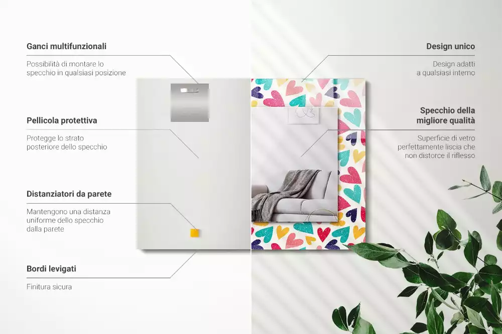 Specchio rettangolare stampato Motivo a cuori colorati