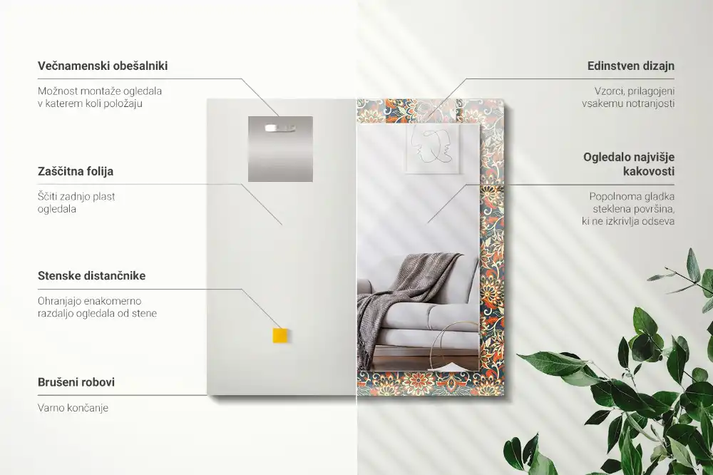 Specchio rettangolare stampato Carta da parati con motivo floreale