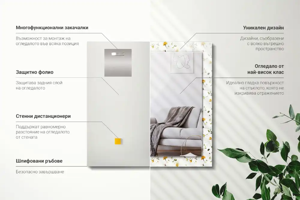 Specchio rettangolare con cornice stampata Motivo a fiori e foglie