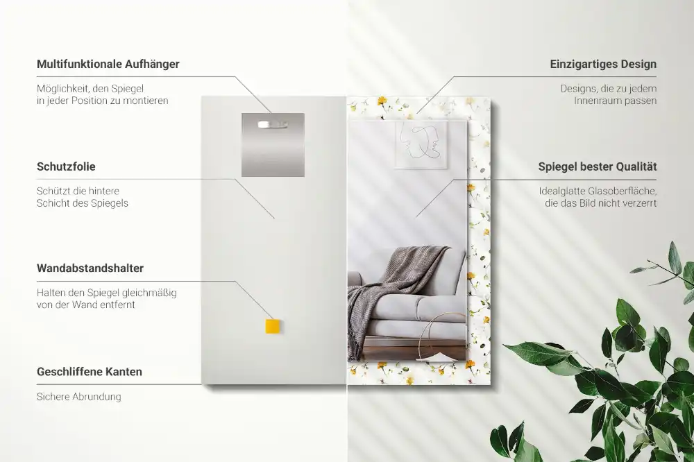 Specchio rettangolare con cornice stampata Motivo a fiori e foglie