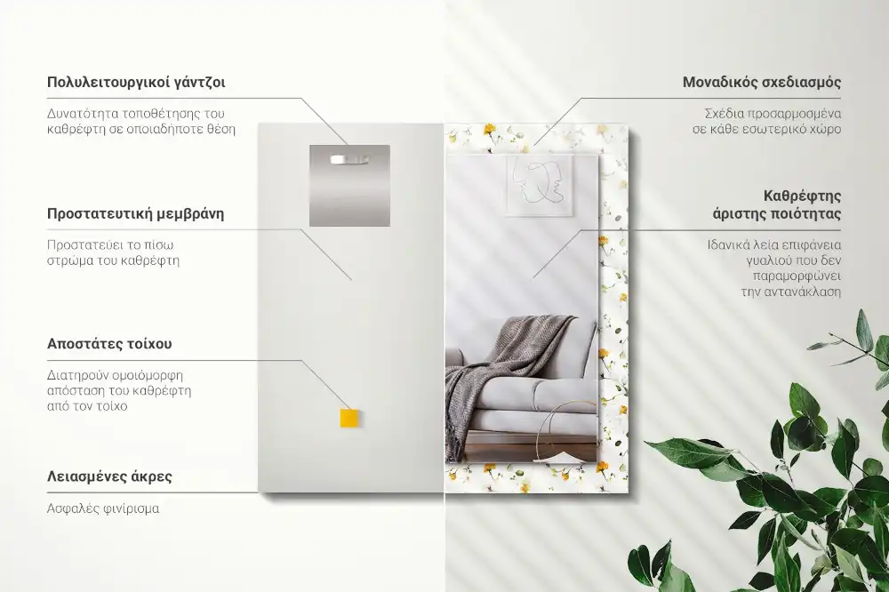 Specchio rettangolare con cornice stampata Motivo a fiori e foglie