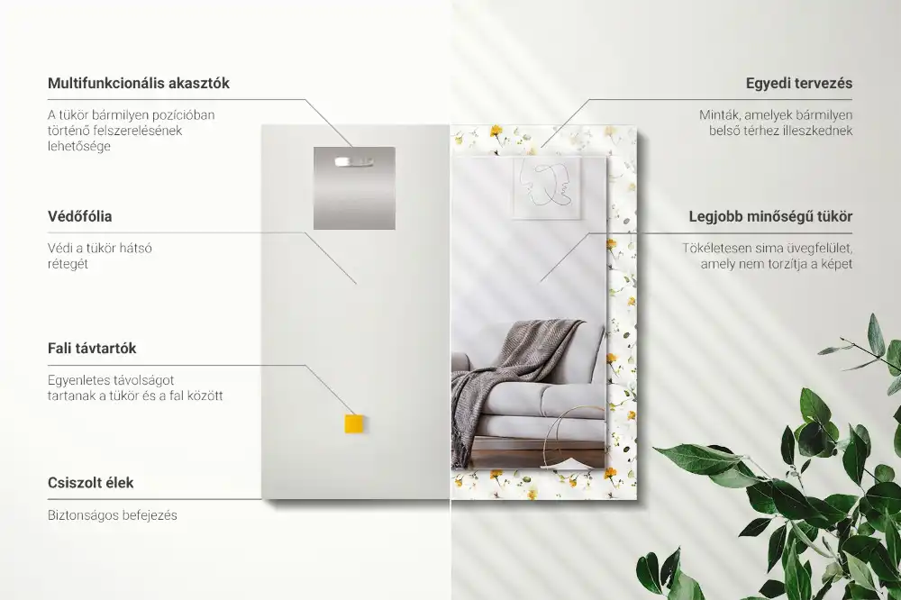 Specchio rettangolare con cornice stampata Motivo a fiori e foglie