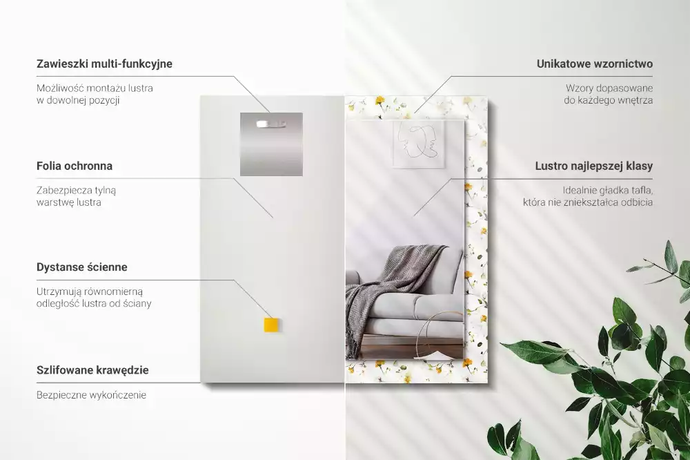 Specchio rettangolare con cornice stampata Motivo a fiori e foglie