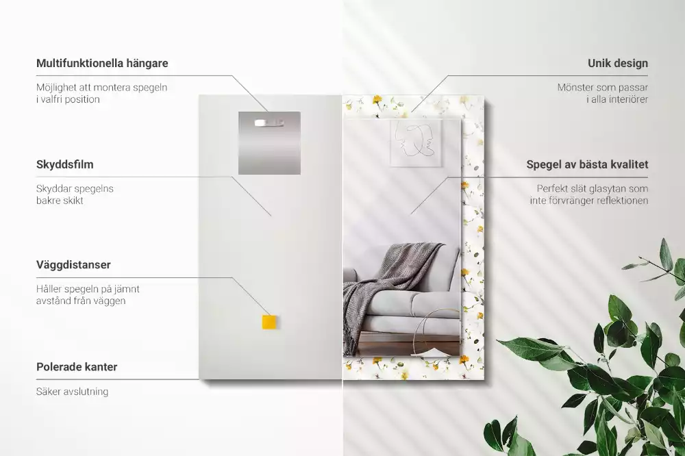 Specchio rettangolare con cornice stampata Motivo a fiori e foglie