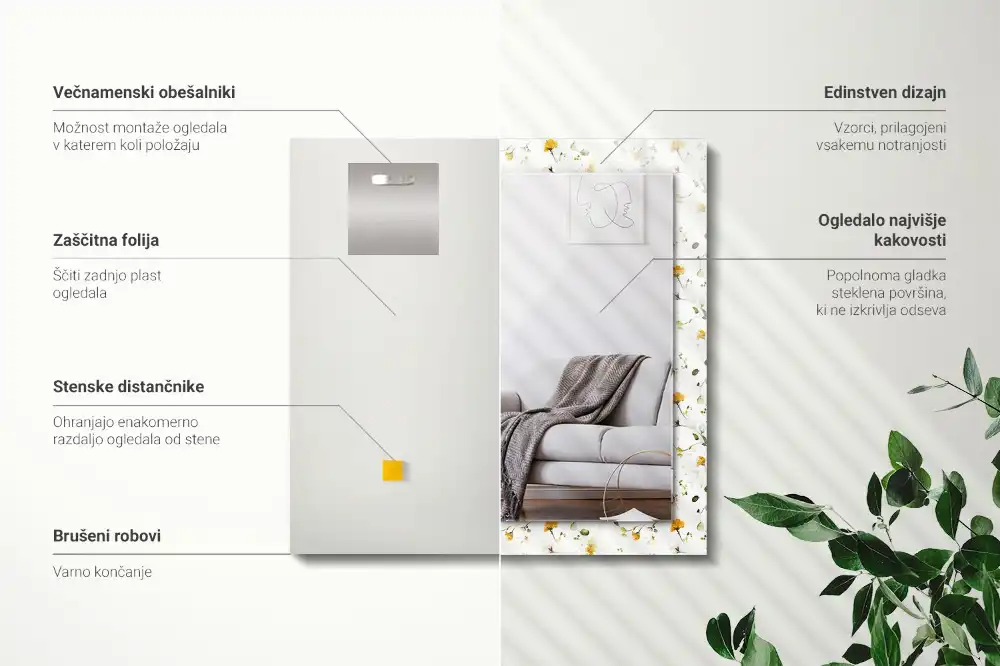 Specchio rettangolare con cornice stampata Motivo a fiori e foglie