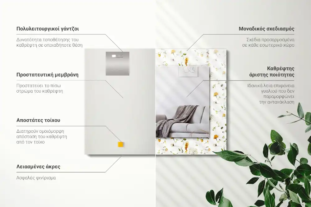 Specchio rettangolare con cornice stampata Motivo a fiori e foglie