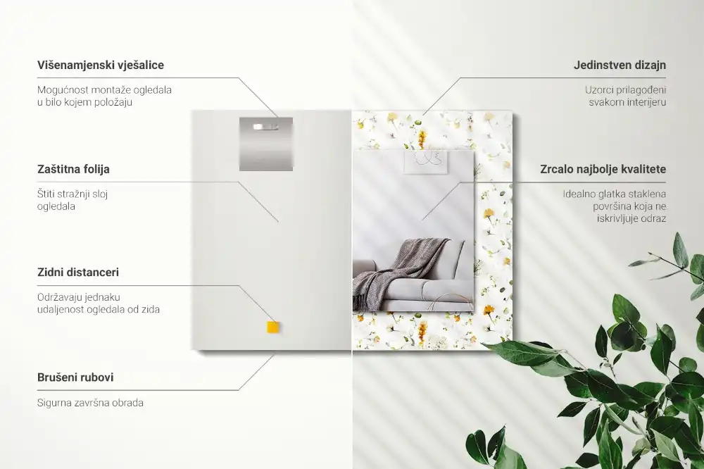 Specchio rettangolare con cornice stampata Motivo a fiori e foglie