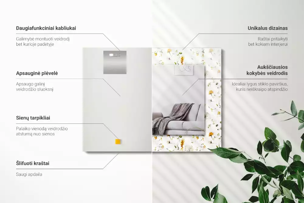 Specchio rettangolare con cornice stampata Motivo a fiori e foglie