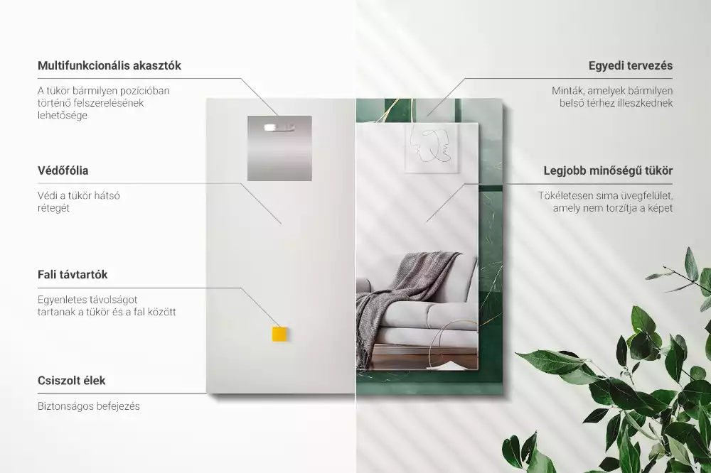 Specchio rettangolare con cornice stampata Foglie verdi dorate