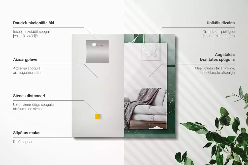 Specchio rettangolare con cornice stampata Foglie verdi dorate