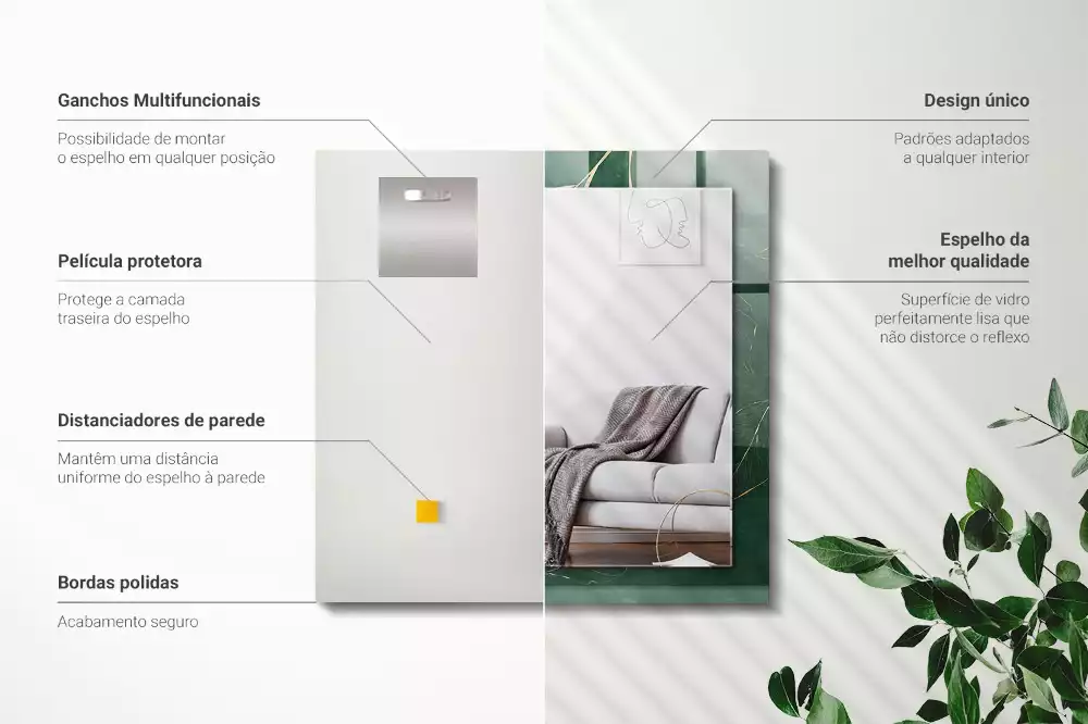 Specchio rettangolare con cornice stampata Foglie verdi dorate