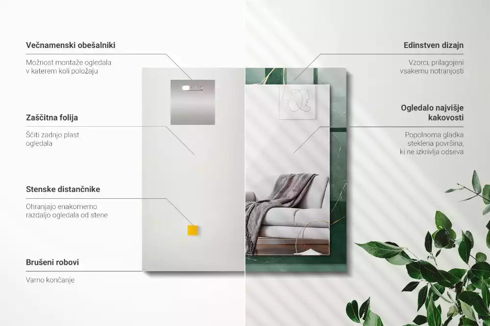 Specchio rettangolare con cornice stampata Foglie verdi dorate