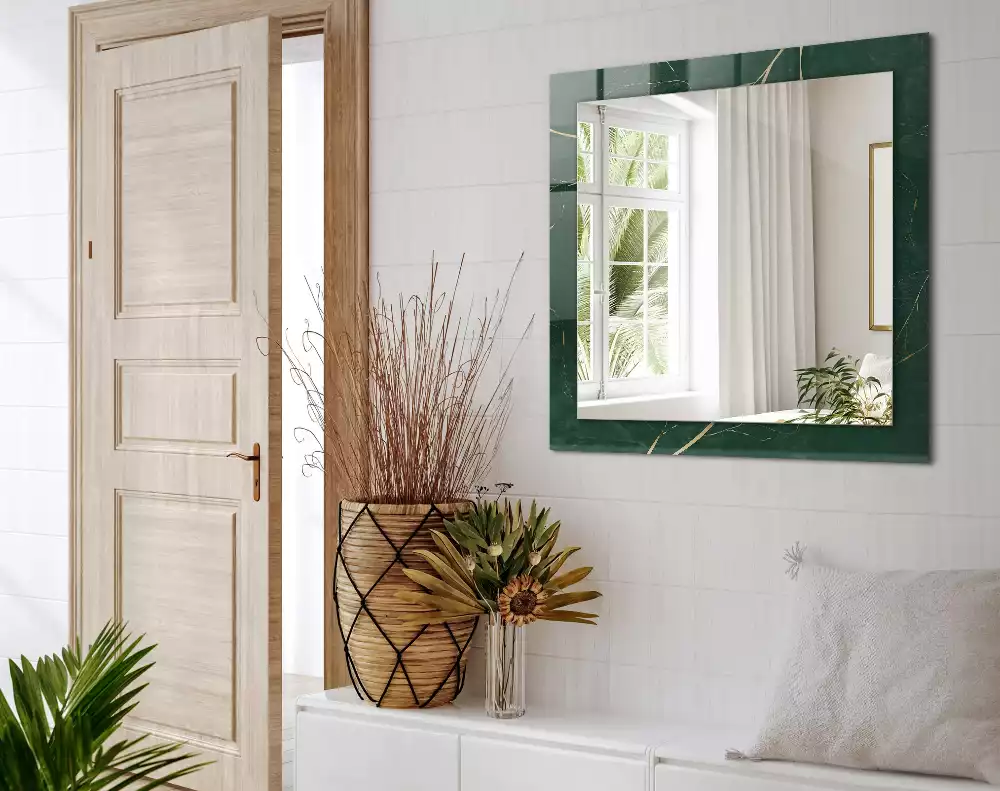 Specchio rettangolare con cornice stampata Foglie verdi dorate